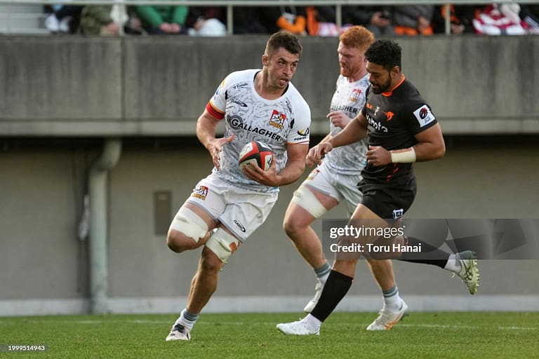 TOKYO, JAPAN - FEBRUARY 10: Hamilton Burr of Chiefs runs with the ball to score the team's fifth try during the preseason match between Kubota Spears Funabashi-Tokyo Bay and Chiefs at Prince Chichibu Rugby Ground on February 10, 2024 in Tokyo, Japan. (Photo by Toru Hanai/Getty Images)